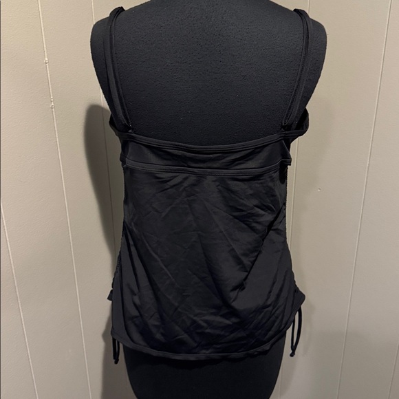 B14 Black tab gathered center bodice drawstring sides tankini long swimsuit top. - Picture 4 of 4